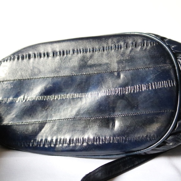 Vintage Genuine Eel Skin Leather Shoulder Crossbody Bag Purse Navy Blue 80s - Picture 10 of 11